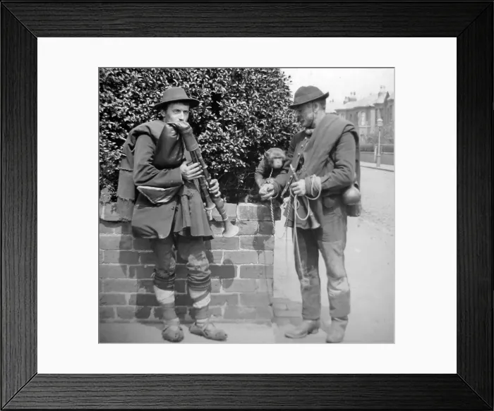 Framed Print : Street musicians with bagpipes and monkey Framed Print : Street musicians with bagpipes and monkey
