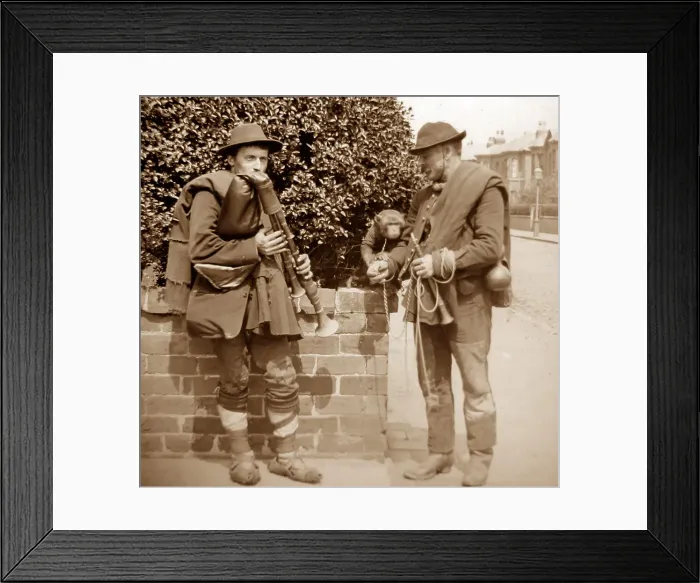 Framed Print : Street musicians with a monkey, Victorian period Framed Print : Street musicians with a monkey, Victorian period