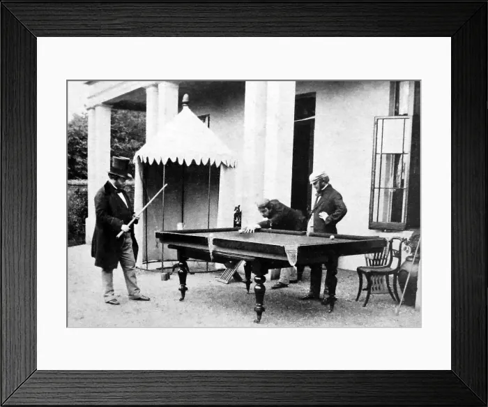 Framed Print : Gentlemen playing billiards in the 1870s Framed Print : Gentlemen playing billiards in the 1870s