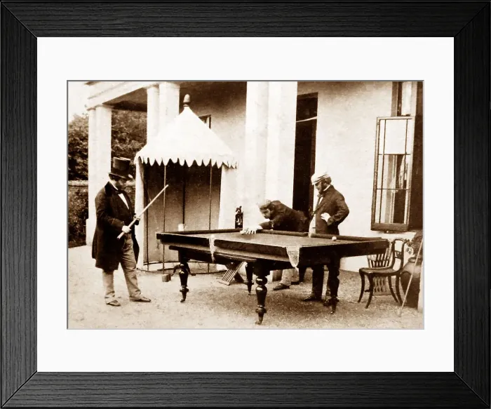 Framed Print : Gentlemen playing billiards in the 1870s Framed Print : Gentlemen playing billiards in the 1870s