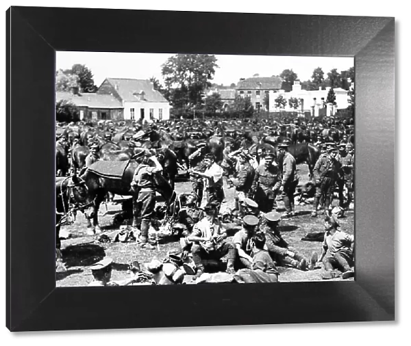 British cavalry resting in a French village - WW1