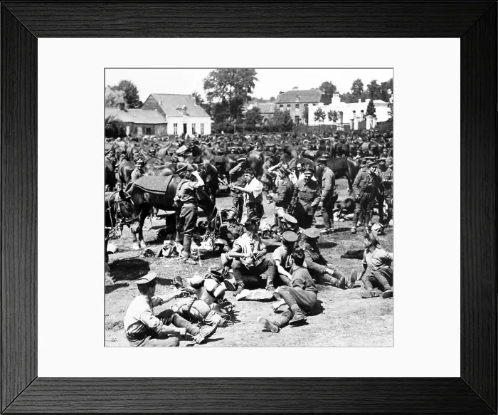 Framed Print : British cavalry resting in a French village - WW1 Framed Print : British cavalry resting in a French village - WW1