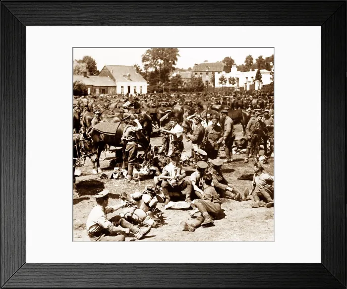 Framed Print : British cavalry resting in a French village - WW1 Framed Print : British cavalry resting in a French village - WW1