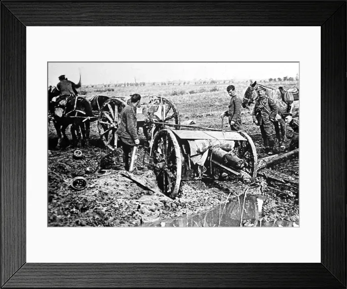 Framed Print : Moving a gun in the Flanders mud during the First World War Framed Print : Moving a gun in the Flanders mud during the First World War