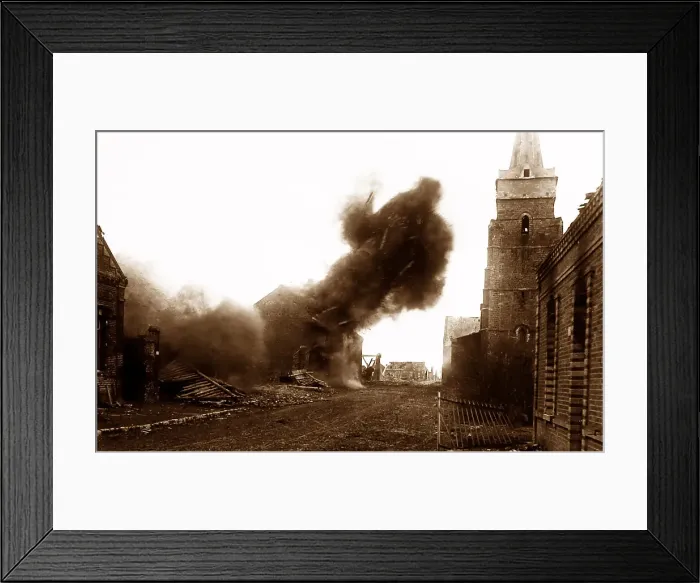 Framed Print : German shell bursting in Mons en Chaussee, France Framed Print : German shell bursting in Mons en Chaussee, France