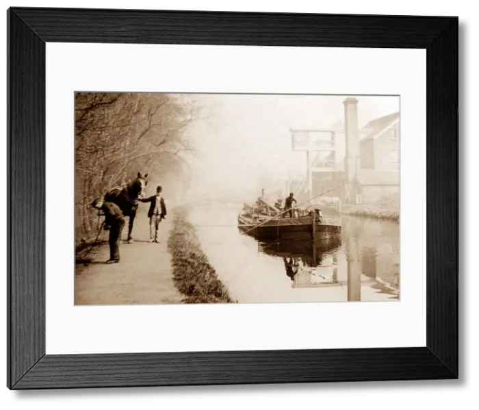 Framed Print : Horse drawn barge on a canal, Victorian period Framed Print : Horse drawn barge on a canal, Victorian period