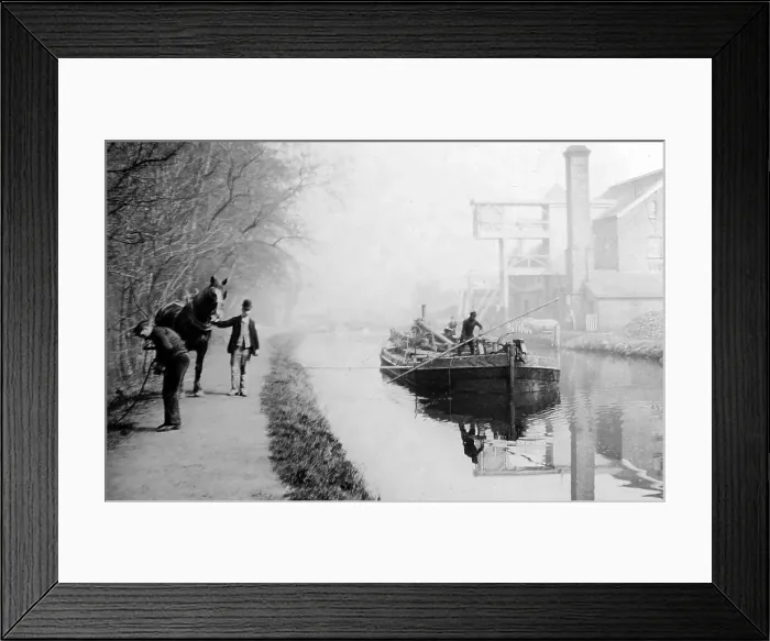 Framed Print : Horse drawn barge on a canal, Victorian period Framed Print : Horse drawn barge on a canal, Victorian period