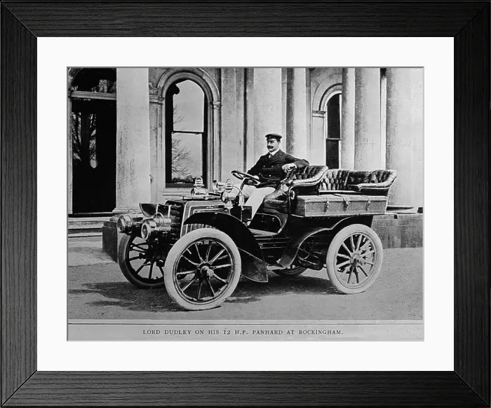 Framed Print : Lord Dudley in his 12 HP Panhard at Rockingham Castle Framed Print : Lord Dudley in his 12 HP Panhard at Rockingham Castle