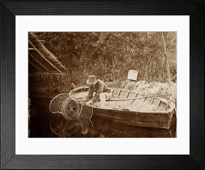 Framed Print : Reed boathouse and eel fisherman in East Anglia Framed Print : Reed boathouse and eel fisherman in East Anglia