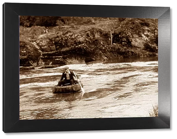 Coracle on River Teifi at Cenarth, Wales probably 1930s