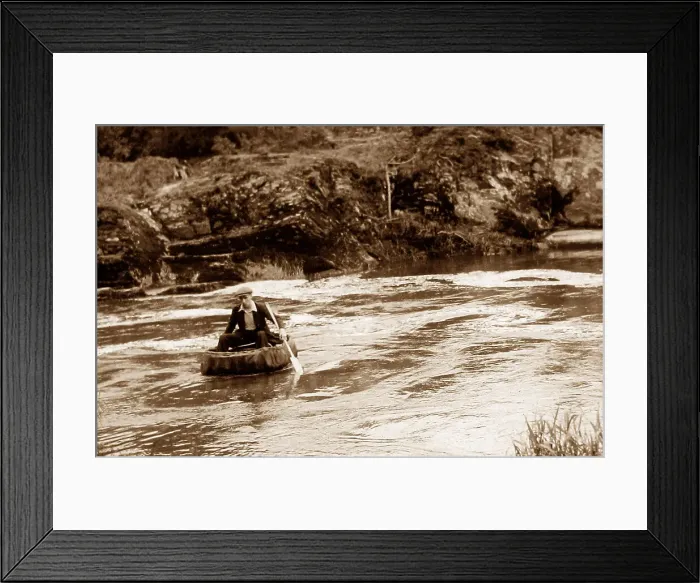 Framed Print : Coracle on River Teifi at Cenarth, Wales probably 1930s Framed Print : Coracle on River Teifi at Cenarth, Wales probably 1930s
