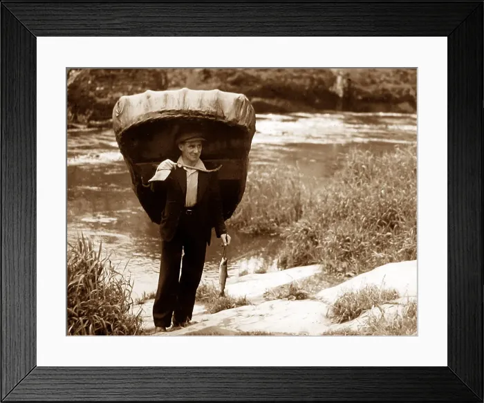 Framed Print : Coracle on River Teifi at Cenarth, Wales probably 1930s Framed Print : Coracle on River Teifi at Cenarth, Wales probably 1930s