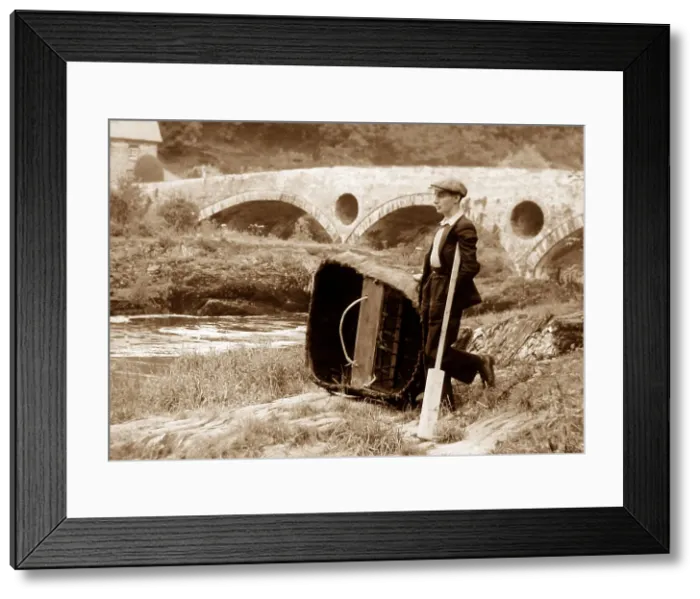 Framed Print : Coracle on River Teifi at Cenarth, Wales probably 1930s Framed Print : Coracle on River Teifi at Cenarth, Wales probably 1930s