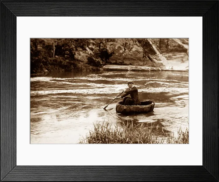 Framed Print : Coracle on River Teifi at Cenarth, Wales probably 1930s Framed Print : Coracle on River Teifi at Cenarth, Wales probably 1930s