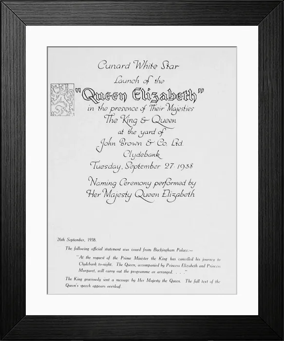 Framed Print : Construction of RMS Queen Elizabeth invitation Framed Print : Construction of RMS Queen Elizabeth invitation