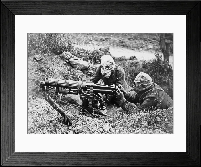 Framed Print : British machine gunners in gas masks WW1 Framed Print : British machine gunners in gas masks WW1