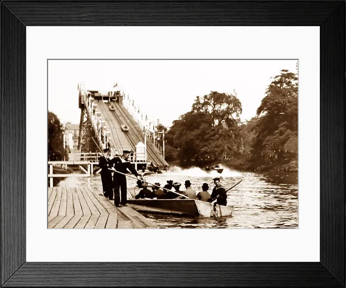 Framed Print : Water splash fairground ride, early 1900s Framed Print : Water splash fairground ride, early 1900s