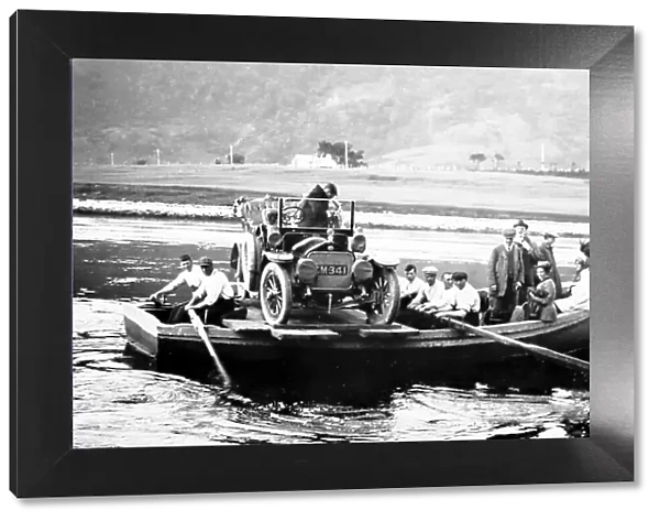 A veteran car on a rowing boat ferry, early 1900s