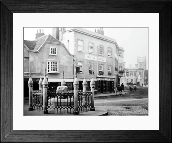 Framed Print : Coronation Stone and Griffin Hotel, Kingston on Thames Framed Print : Coronation Stone and Griffin Hotel, Kingston on Thames