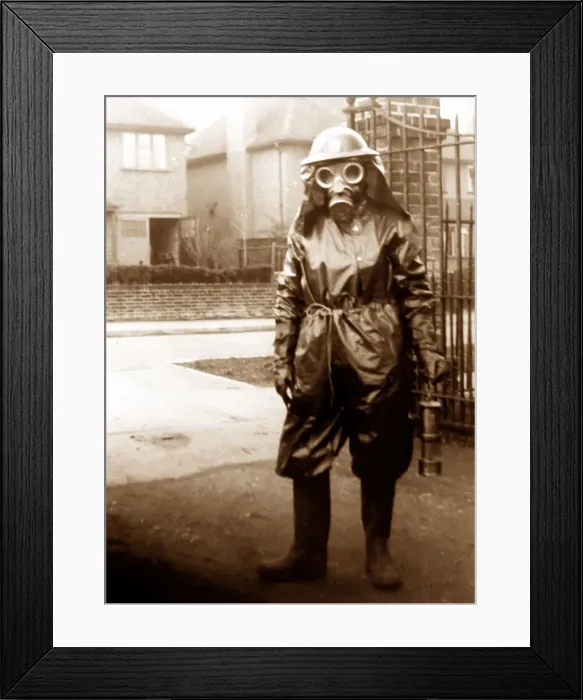 Framed Print : Air raid warden in gas mask Framed Print : Air raid warden in gas mask