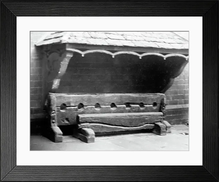 Framed Print : Village stocks at Winchcombe, early 1900s Framed Print : Village stocks at Winchcombe, early 1900s