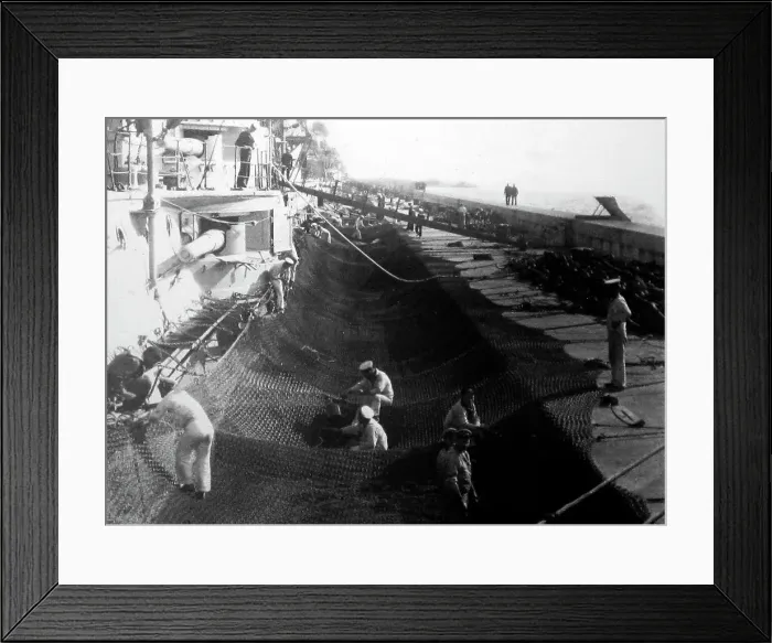 Framed Print : Fitting topedo nets to battleship Royal Navy Framed Print : Fitting topedo nets to battleship Royal Navy