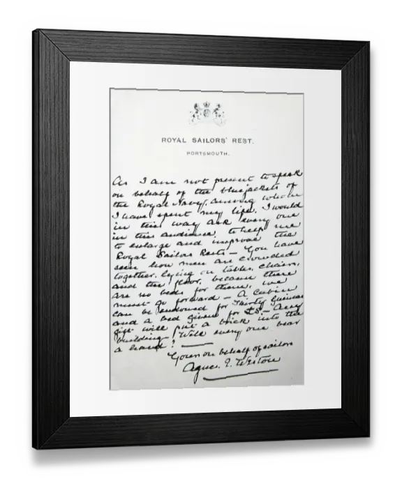 Framed Print : Letter written by Agnes Weston Royal Sailors Rest Portsmouth Framed Print : Letter written by Agnes Weston Royal Sailors Rest Portsmouth