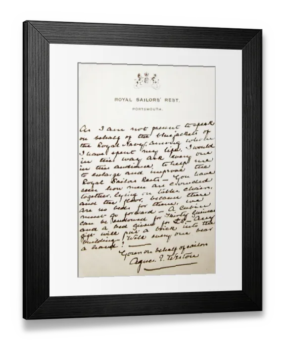 Framed Print : Letter by Agnes Weston Royal Sailors Rest Portsmouth Framed Print : Letter by Agnes Weston Royal Sailors Rest Portsmouth