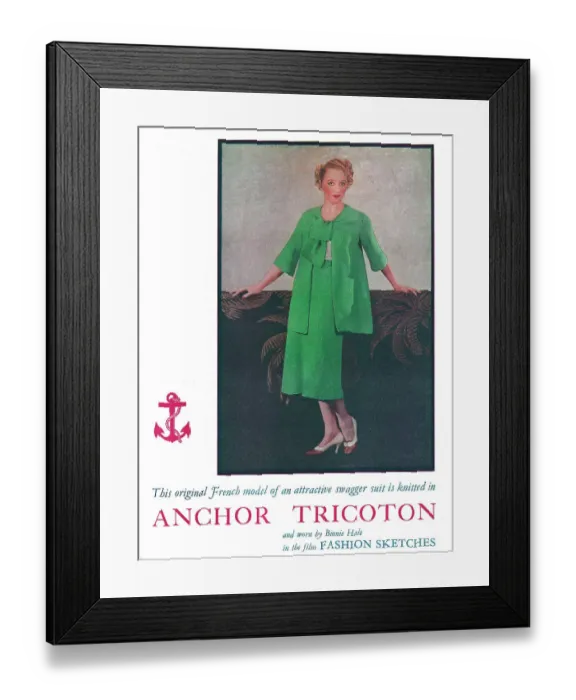 Framed Print : Actress Binnie Hale wearing a bright green swagger suit knitted in Anchor Tricoton Date: 1936