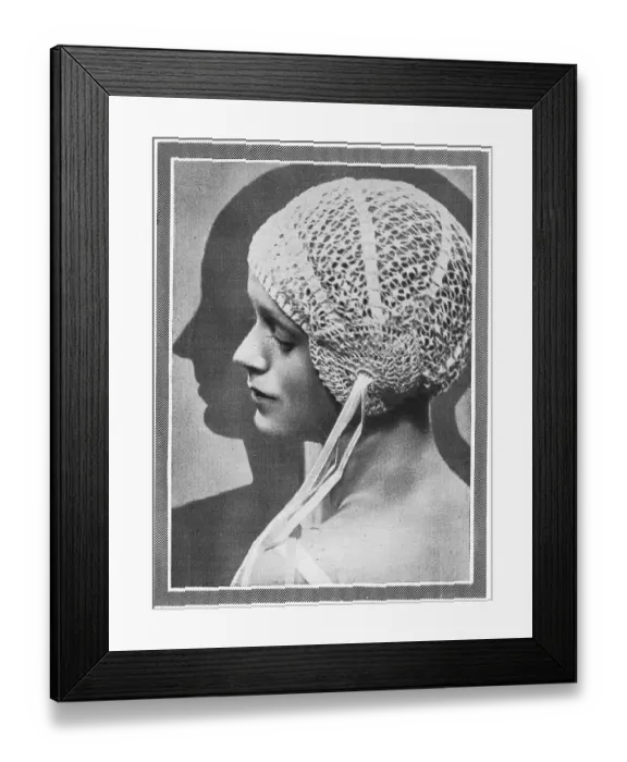 Framed Print : Model wearing close-fitting crocheted bourdoir cap Date: 1929 Framed Print : Model wearing close-fitting crocheted bourdoir cap Date: 1929