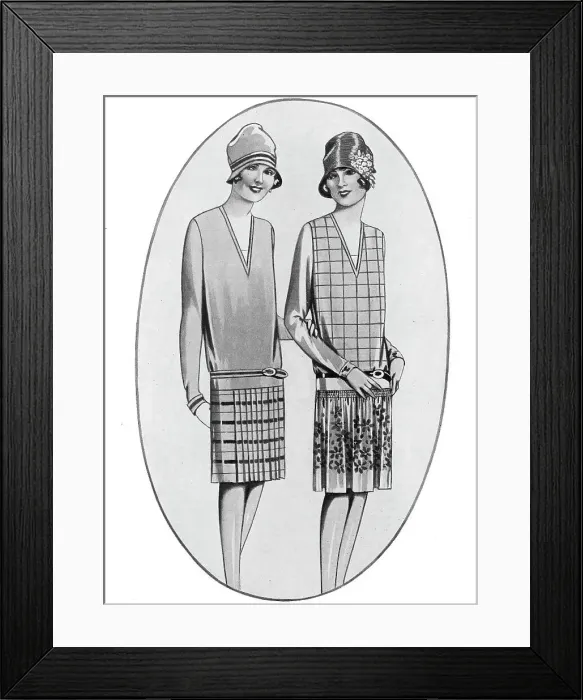 Framed Print : Illustration of two dresses made using the same dress pattern. Date: 1920s Framed Print : Illustration of two dresses made using the same dress pattern. Date: 1920s