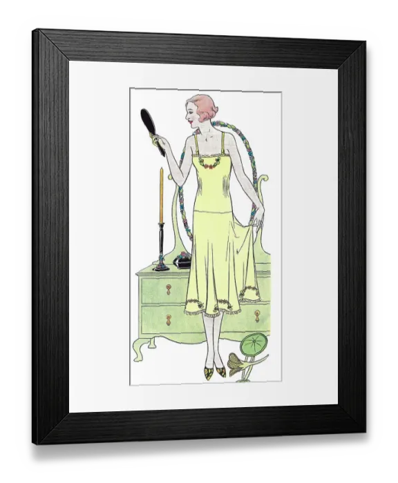 Framed Print : Illustration of a lady in her bedroom admiring her embroidered petticoat in crepe-de-chine Date: 1931 Framed Print : Illustration of a lady in her bedroom admiring her embroidered petticoat in crepe-de-chine Date: 1931