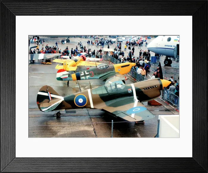 Framed Print : Curtiss P-40E Kittyhawk NZ3009 with Hispano Buchon G-BOML Framed Print : Curtiss P-40E Kittyhawk NZ3009 with Hispano Buchon G-BOML