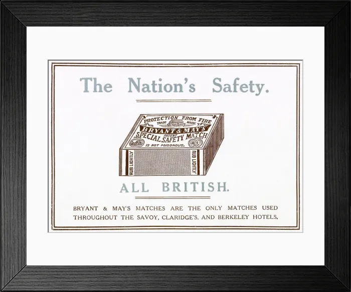 Framed Print : Advertisement for a British company Bryant & May's, special safety matches. Date: 1914 Framed Print : Advertisement for a British company Bryant & May's, special safety matches. Date: 1914