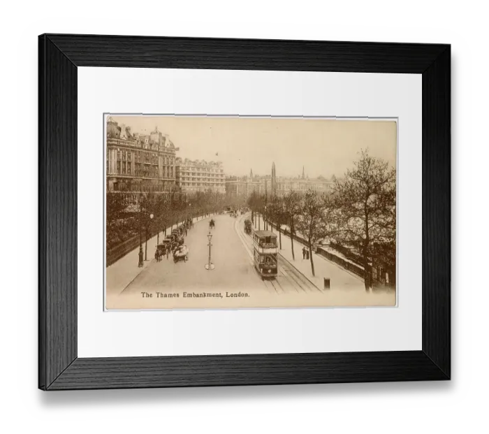 Framed Print : The Thames Embankment just before World War One ; an electric tram passes a line of waiting cabs near Cleopatra's Needle Date: 1911 Framed Print : The Thames Embankment just before World War One ; an electric tram passes a line of waiting cabs near Cleopatra's Needle Date: 1911