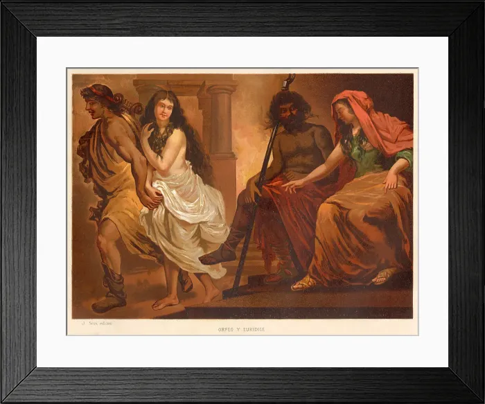 Framed Print : Orpheus leads his dead wife Eurydice from the Underworld, with the permission of Hades and Persephone : but he must remember not to look back at her... and he forgets Framed Print : Orpheus leads his dead wife Eurydice from the Underworld, with the permission of Hades and Persephone : but he must remember not to look back at her... and he forgets