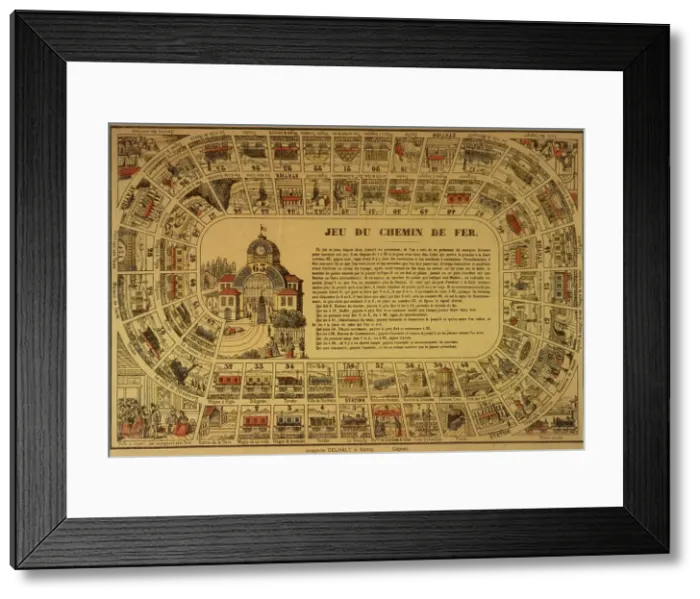 Framed Print : JEU DU CHEMIN DE FER French board game based on the railway network and its various activities & passengers. Date: 1870s Framed Print : JEU DU CHEMIN DE FER French board game based on the railway network and its various activities & passengers. Date: 1870s