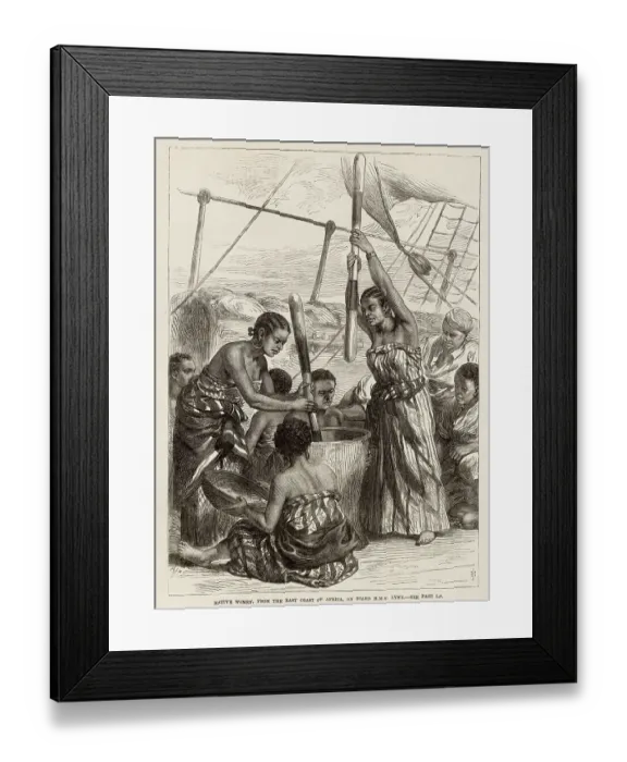 Framed Print : African women from the east coast of Africa husking millet on board HMS Lynx to provide fresh food for the crew Date: 1869 Framed Print : African women from the east coast of Africa husking millet on board HMS Lynx to provide fresh food for the crew Date: 1869