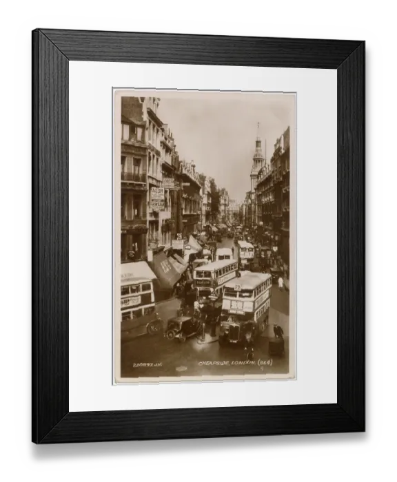 Framed Print : Cheapside, City of London: busy with buses and cars Date: circa 1930 Framed Print : Cheapside, City of London: busy with buses and cars Date: circa 1930