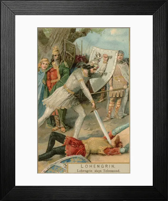 Framed Print : The Knight of the Swan (Lohengrin) defeats the wicked Friedrich of Telramund in single combat, therefore salvaging Elsa's reputation and winning her love Date: first performed 1850 Framed Print : The Knight of the Swan (Lohengrin) defeats the wicked Friedrich of Telramund in single combat, therefore salvaging Elsa's reputation and winning her love Date: first performed 1850