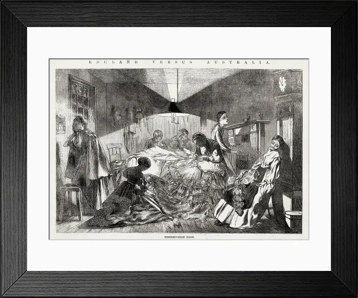 Framed Print : Needlewomen here... Image 11 of a series on the benefits of Australia over England & encouraging emigration. Date: 1863 Framed Print : Needlewomen here... Image 11 of a series on the benefits of Australia over England & encouraging emigration. Date: 1863
