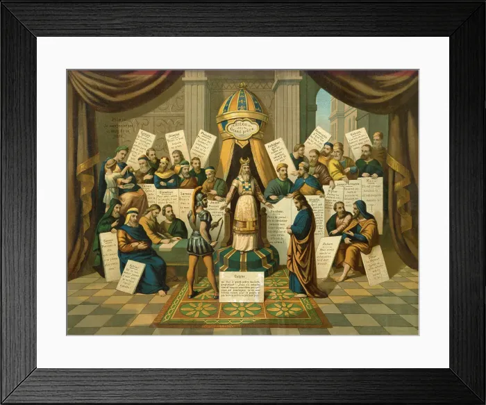 Framed Print : Caiaphas and others utter their opinions about the guilt of Jesus : some favour him, but most condemn him and over to the left Pilate washes his hands of the whole affair Framed Print : Caiaphas and others utter their opinions about the guilt of Jesus : some favour him, but most condemn him and over to the left Pilate washes his hands of the whole affair