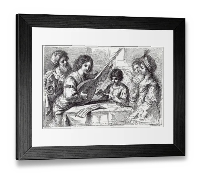 Framed Print : An Italian youth accompanies a group of singers on a lute- like instrument with so long a neck that it reaches out of the picture ! Date: 17th century Framed Print : An Italian youth accompanies a group of singers on a lute- like instrument with so long a neck that it reaches out of the picture ! Date: 17th century