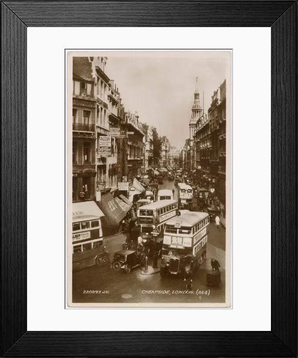 Framed Print : Lots of buses in both directions in London's Cheapside, a typical view in the City of London, England's business centre. Date: circa 1930 Framed Print : Lots of buses in both directions in London's Cheapside, a typical view in the City of London, England's business centre. Date: circa 1930