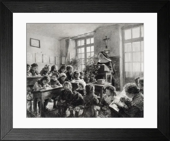 Framed Print : Children in a French convent school, being taught by a nun. Date: 1886 Framed Print : Children in a French convent school, being taught by a nun. Date: 1886