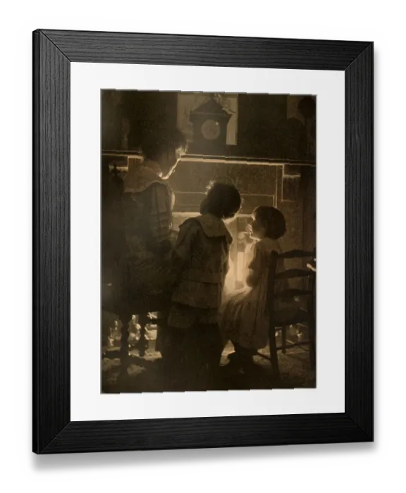 Framed Print : A mother tells fairy tales to her children in front of a glowing fire. Date: 1912 Framed Print : A mother tells fairy tales to her children in front of a glowing fire. Date: 1912