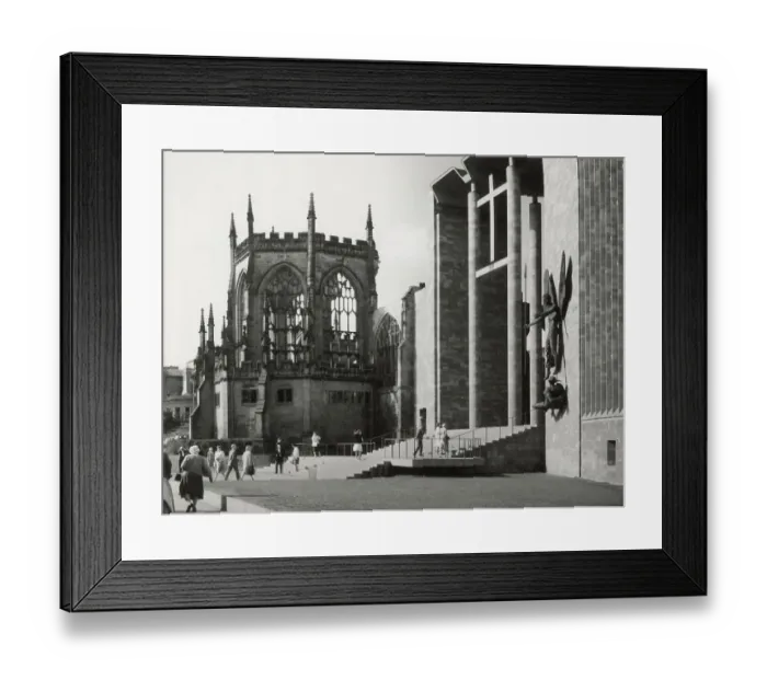 Framed Print : The main entrance to New Coventry Cathedral, St. Michael's Porch, showing Jacob Epstein's sculpture of St. Michael and the Devil, and the ruins of the Old Cathedral. Date: early 1960s Framed Print : The main entrance to New Coventry Cathedral, St. Michael's Porch, showing Jacob Epstein's sculpture of St. Michael and the Devil, and the ruins of the Old Cathedral. Date: early 1960s