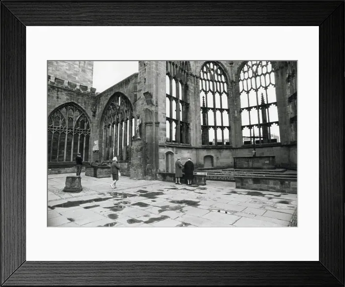 Framed Print : Old Coventry Cathedral, bombed in World War Two; the ruins are on consecrated ground and still form part of the whole cathedral with the new building Date: 1960s Framed Print : Old Coventry Cathedral, bombed in World War Two; the ruins are on consecrated ground and still form part of the whole cathedral with the new building Date: 1960s