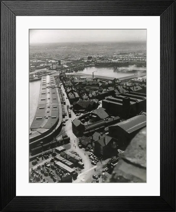 Framed Print : The North Market which forms the eastern boundary of No. 3 Fish Dock, Grimsby, Lincolnshire, England. This view was taken from the 300 foot high Hydraulic Tower. Date: 1950s Framed Print : The North Market which forms the eastern boundary of No. 3 Fish Dock, Grimsby, Lincolnshire, England. This view was taken from the 300 foot high Hydraulic Tower. Date: 1950s