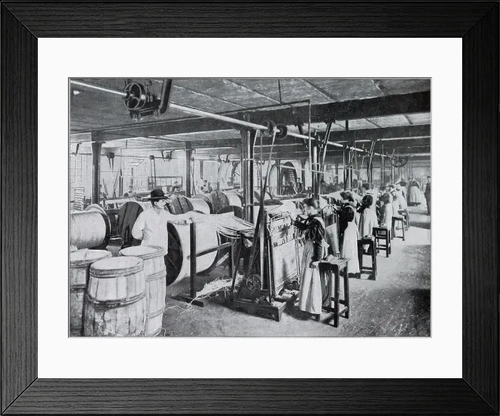Framed Print : Women workers at a matchmaking factory, filling frames with wax strands. Date: 1902 Framed Print : Women workers at a matchmaking factory, filling frames with wax strands. Date: 1902